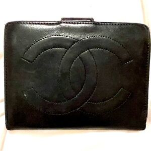 CHANEL Black Leather Compact Wallet with Gold Button